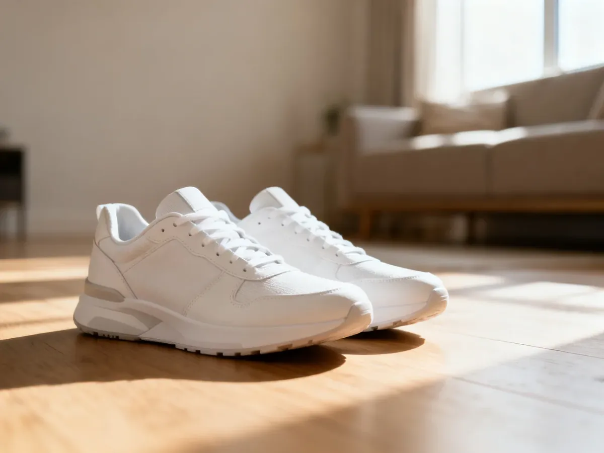 Nowoczesne białe sneakersy na drewnianej podłodze w minimalistycznym, słonecznym wnętrzu.