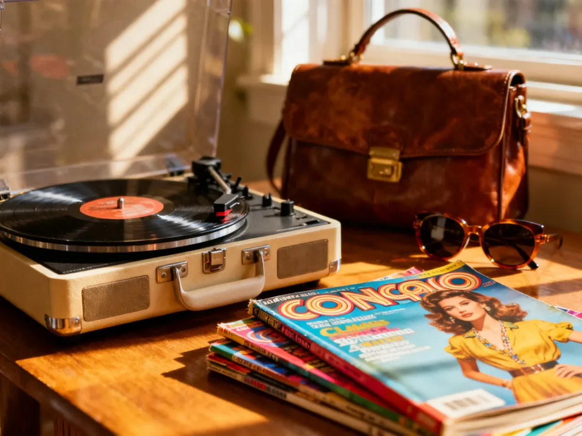 Gramofon i archiwalne magazyny modowe na drewnianym stole, budujące nostalgiczny klimat stylu retro.