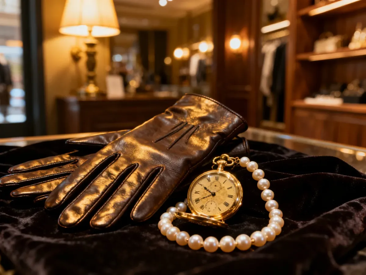 Eleganckie akcesoria vintage, takie jak perły, skórzane rękawiczki i zegarek, ułożone na aksamitnym tle.
