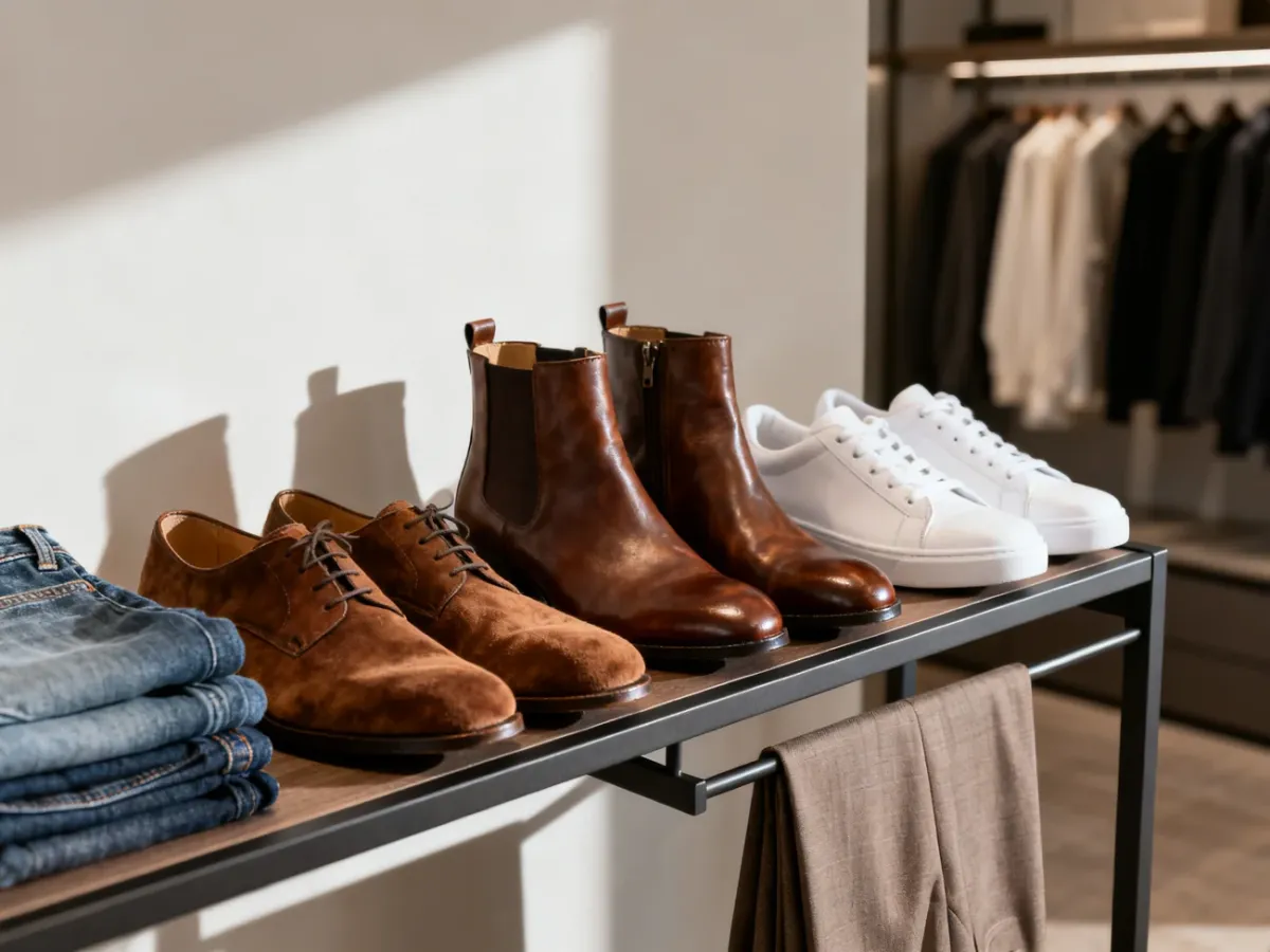 Eleganckie skórzane buty zestawione z jeansami i spodniami wizytowymi na minimalistycznym wieszaku.