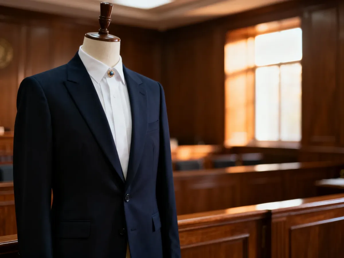 Elegancki, formalny strój na manekinie w tle sali sądowej, ilustrujący zasady odpowiedniego ubioru na rozprawę.