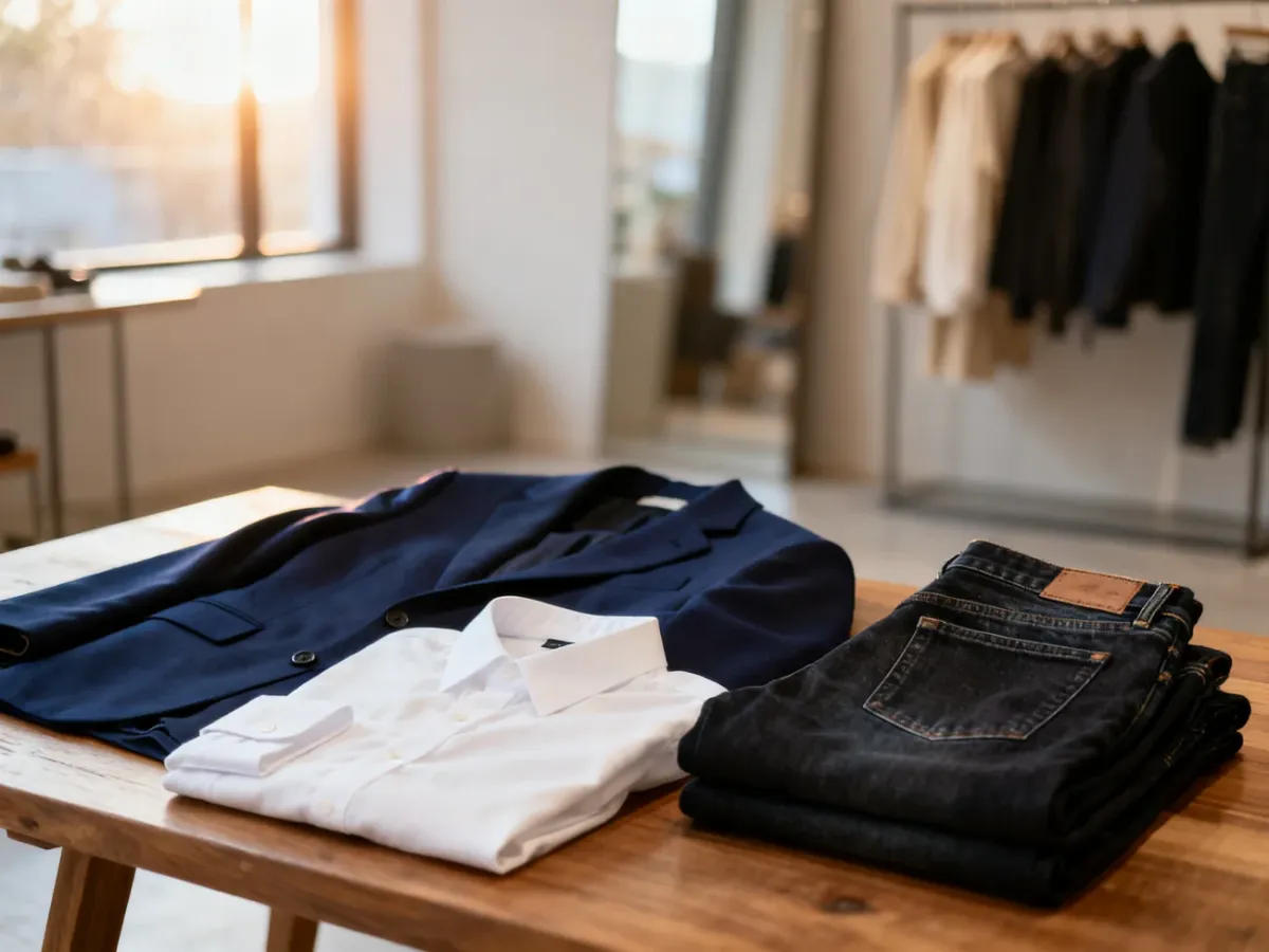 Zestaw ubrań w stylu smart casual: biała koszula, granatowa marynarka i ciemne jeansy ułożone na drewnianym stole.